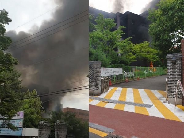 26일 오후 3시59분께 서울 은평구에 위치한 은명초등학교에 주차된 차량에서 불이 나 건물로 옮겨붙었다. 목격자 등에 따르면, 화재 당시 폭발음이 들린 것으로 전해졌다. 2019.6.26(사진=뉴시스)