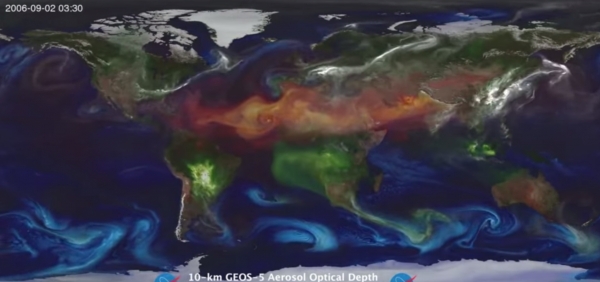 2006년 8월 17일부터 2007년 4월 10일까지 미세먼지 모습 (GOCART 모델을 사용한 이미지)* 녹색: 검은 탄소와 유기탄소 * 빨강/주황: 먼지 * 흰색: 황산염 * 파랑: 해염