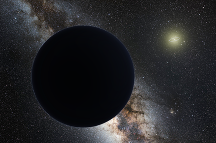 Planet Nine에 대한 작가의 인상은 멀리 떨어진 태양과 함께 중심 은하수를 빠져 나간다. 해왕성의 궤도는 태양 주위에 작은 타원으로 표시된다.