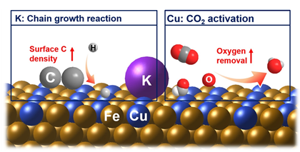 철·구리·칼륨 촉매 표면에서 이산화탄소(CO2)로부터 휘발유를 생산하는 반응을 나타낸 그림이다. 구리는 CO2를 CO와 O로 쪼개고, 철 표면에 흡착된 산소를 제거하는 반응을 촉진해 ‘이산화탄소 전환율’을 증가시킨다. 칼륨은 CO끼리 연쇄적으로 붙어서 휘발유로 전환되는 ‘탄화수소 성장 반응’을 촉진하는 것으로 밝혀졌다.