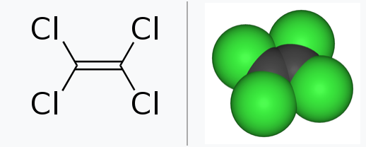 테트라클로로에틸렌 화학식과 분자 [이미지 출처=Wikipedia]