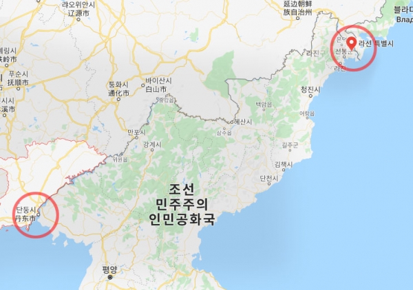 단둥시 인접지역과 북한의 라선 특별시 위치 /구글 지도
