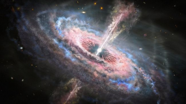 우주로 뜨거운 방사성 바람의 제트기를 폭파하는 퀘이사의 삽화.(이미지 : © NASA, ESA 및 J. Olmsted (STScI))