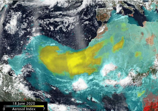 2020년 6월13일부터 18일까지 아프리카 서해안에서 불어오는 사하라 먼지의 거대한 에어로졸/NASA