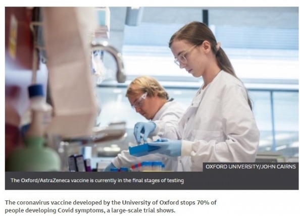 아스트라제네카와 옥스퍼드 대학에서 개발한 코로나 바이러스 백신은 현재 테스트의 마지막 단계에 있다. /BBC 갈무리