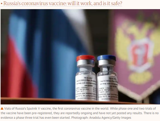 세계 최초의 코로나 바이러스 백신이라고 주장하는 러시아의 스푸트니크 V 백신 /가디언지 캡쳐