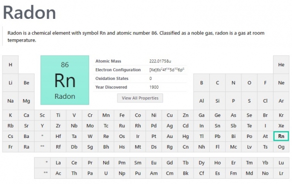 주기율표에서 라돈(Radon, Rn) /PubChem 갈무리