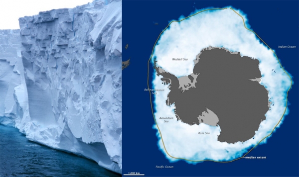 (왼쪽) 로스의 빙붕, (오른쪽) 남극의 빙붕과 대륙 구분 이미지 ⓒNASA