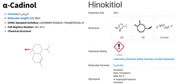 알파카디놀과 히노키티올의 화학구조 /NIST 화학웹북, PubChem 갈무리