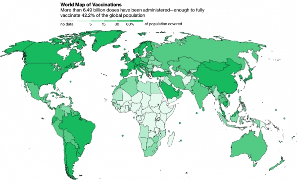 전 세계 코로나19 예방접종 지도 /블룸버그 백신 추적기 갈무리