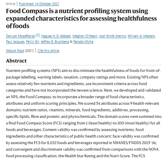 'Food Compass는 식품의 건강성을 평가하기 위해 확장된 특성을 사용하는 영양소 프로파일링 시스템이다' /네이처 푸드 갈무리