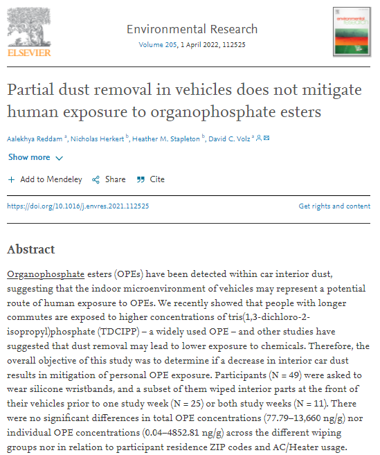 'Partial dust removal in vehicles does not mitigate human exposure to organophosphate esters(차량의 부분적인 먼지 제거는 유기인산 에스테르에 대한 인간의 노출을 완화하지 않는다)' /Environmental Research 갈무리