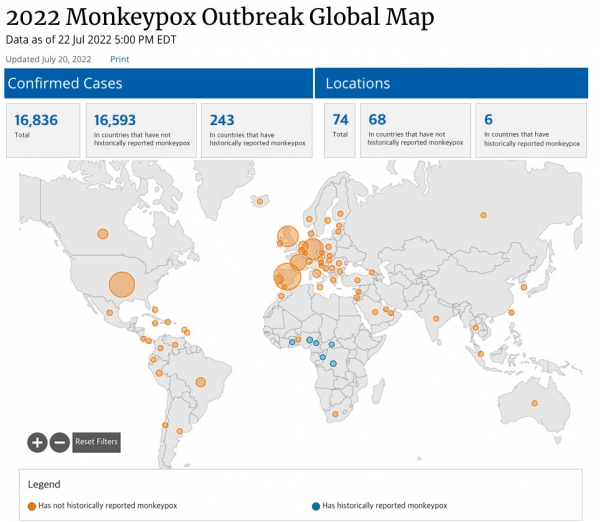 2022년 원숭이두창 발병 세계 지도(2022년 7월 21일 오후 5:00 EDT 기준 데이터) /미국 질병통제예방센터(CDC) 갈무리