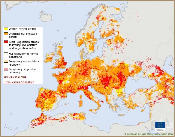 유럽 가뭄 관측소 통합 가뭄 지표(7월 3일 기준) - EU 영토의 47%가 경고 상태이고 17%가 경보 상태 / 유럽 가뭄 관측소 홈페이지 갈무리