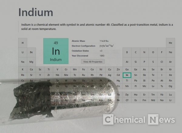 인듐(Indium). 원자 번호 49, 화학 원소 기호 In, 인듐은 연성이 뛰어나고 밝은 광택이 있는 은백색의 금속 원소다. /pubchem 갈무리, ⓒ포인트경제CG