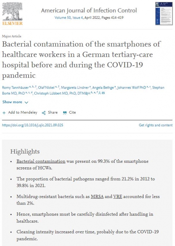 코로나19 대유행 이전과 그 기간 동안 독일 3차 진료 병원 의료 종사자의 스마트폰 세균 오염 / ScienceDirect 갈무리