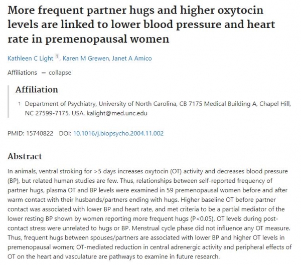 노스캐롤라이나 연구진이 발표한 빈번한 포옹과 높은 옥시토신이 폐경 전 여성의 혈압 및 심박수 감소와 관련 있다는 논문 / 미국립의학도서관 갈무리