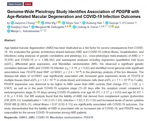 전유전체 다발성 연구는 PDGFB와 AMD 및 COVID-19 감염 결과의 연관성을 식별한다 / MDPI 갈무리
