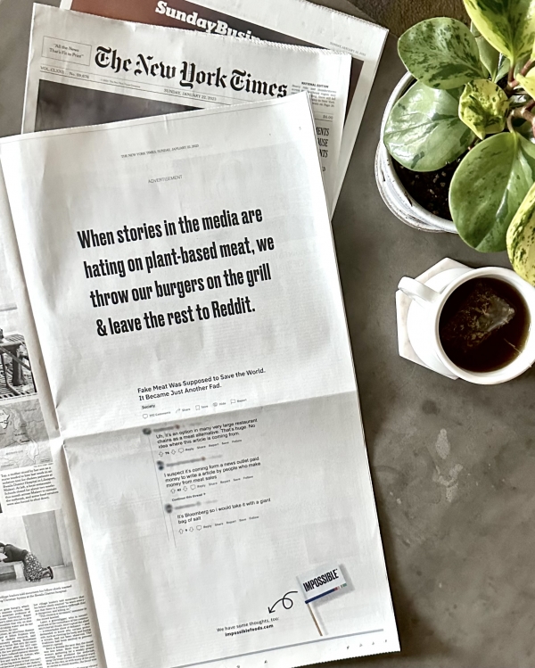 뉴욕 타임스 지면 광고에 게재된 임파서블푸드의 반박 / 임파서블푸드 트위터 갈무리
