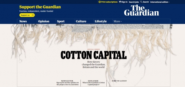 가디언의 스페셜 시리즈 '면화 자본 - 노예 제도가 가디언, 영국, 세계를 어떻게 변화 시켰는가' / 가디언 갈무리