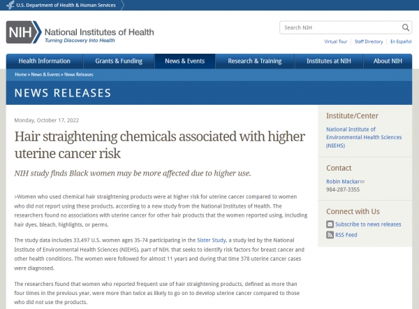 자궁암 위험 증가와 관련된 모발 교정 화학물질 / 출처 - 미국국립보건원