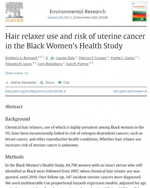 흑인 여성 건강 연구에서 모발 이완제 사용과 자궁암 위험 / 출처 -