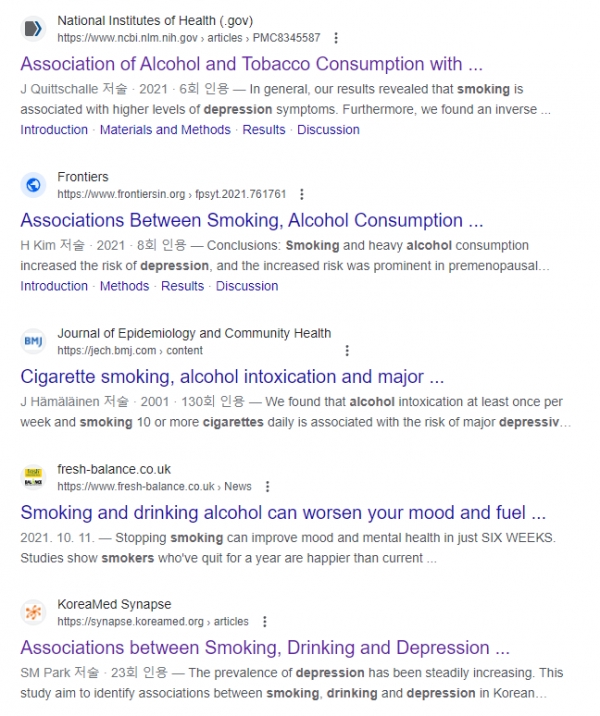 흡연.음주와 우울증과의 연관성 연구들 / 출처 - 구글 검색