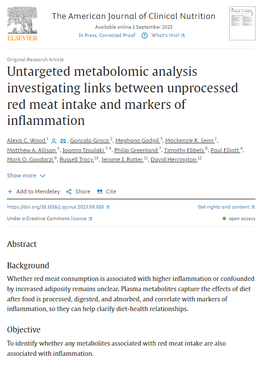 논문 'Untargeted metabolomic analysis investigating links between unprocessed red meat intake and markers of inflammation'(가공되지 않은 붉은 고기 섭취와 염증 지표 사이의 연관성을 조사하는 표적 대사 분석) / 출처 - American Journal of Clinical Nutrition