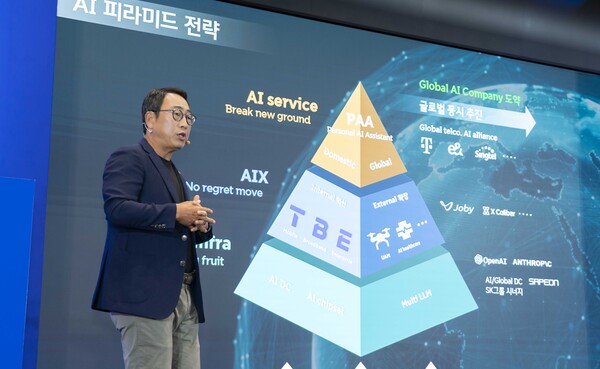 2023년 AI 피라미드 전략을 발표하는 SKT 유영상 사장 ⓒSKT (포인트경제)
