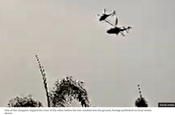 헬기 중 한 대가 두 대가 땅에 추락하기 전에 다른 헬기의 회전날개를 잘라내는 장면 /BBC 갈무리 (포인트경제)