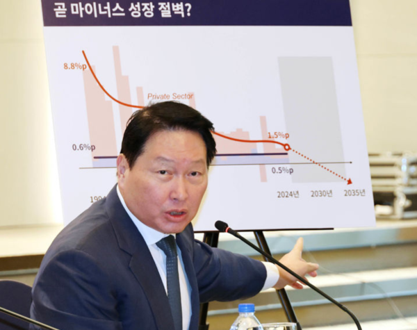 최태원 SK그룹 겸 대한상공회의소 회장이 20일 오전 서울 영등포구 CCMM빌딩에서 열린 '제2차 기업성장포럼'에서 인사말을 하고 있다. (사진 = 대한상의)